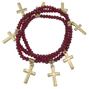 Red Glass Stretch Wrap Gold Tone Cross Dangle Charms Bracelet or Necklace